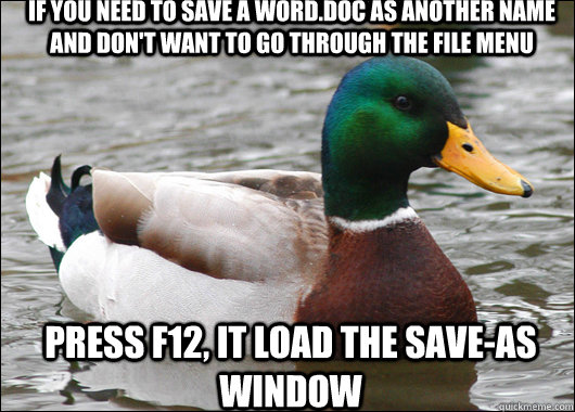 if you need to save a word.doc as another name and don't want to go through the file menu press f12, it load the save-as window   Actual Advice Mallard