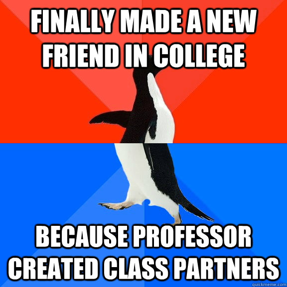 Finally made a new friend in college because professor created class partners  Socially Awesome Awkward Penguin