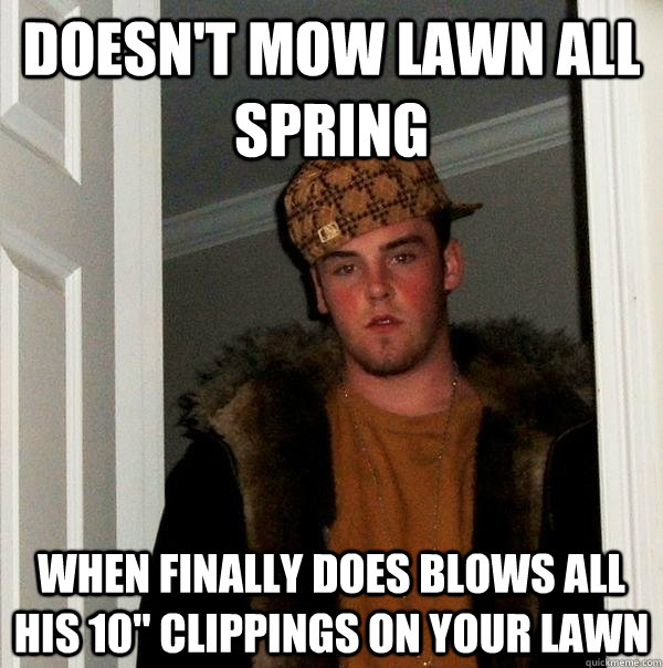 Doesn't mow lawn all spring when finally does blows all his 10