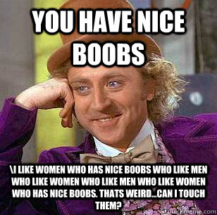 You Have Nice Boobs \I like women who has nice boobs who like men who like women who like men who like women who has nice boobs. Thats Weird...Can I Touch them? - You Have Nice Boobs \I like women who has nice boobs who like men who like women who like men who like women who has nice boobs. Thats Weird...Can I Touch them?  Condescending Wonka