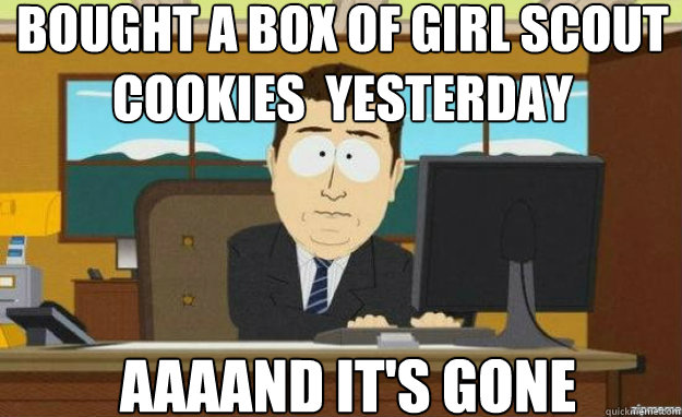 Bought a box of girl scout cookies  yesterday AAAAND It's gone Caption 3 goes here  aaaand its gone
