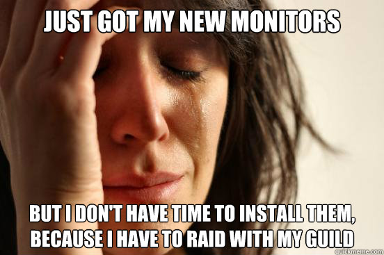 Just got my new monitors but i don't have time to install them, because I have to raid with my guild  First World Problems