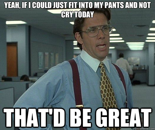 Yeah, if I could just fit into my pants and not cry today That'd be great  Lumbergh