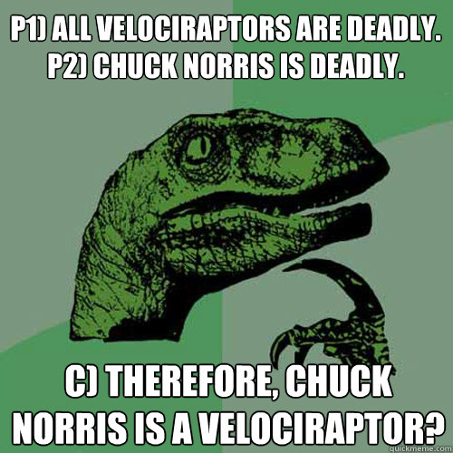P1) All velociraptors are deadly.
P2) Chuck Norris is deadly.
 C) Therefore, Chuck Norris is a velociraptor?  Philosoraptor