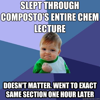 slept through composto's entire chem lecture doesn't matter. went to exact same section one hour later  Success Kid