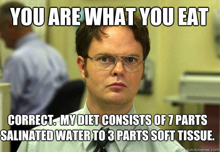 You are what you eat Correct.  My diet consists of 7 parts salinated water to 3 parts soft tissue. - You are what you eat Correct.  My diet consists of 7 parts salinated water to 3 parts soft tissue.  Schrute