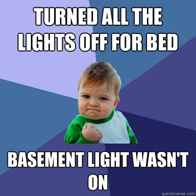 turned all the lights off for bed basement light wasn't on  Success Kid
