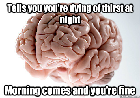 Tells you you're dying of thirst at night Morning comes and you're fine - Tells you you're dying of thirst at night Morning comes and you're fine  Scumbag Brain