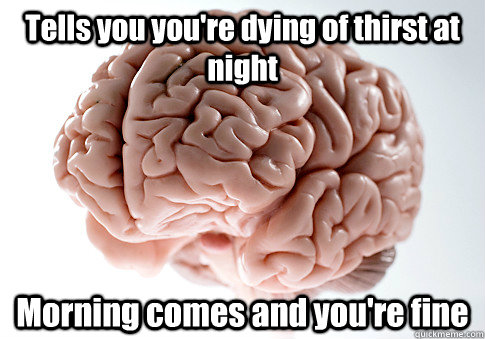 Tells you you're dying of thirst at night Morning comes and you're fine  Scumbag Brain
