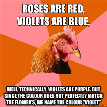 roses are red,
violets are blue, well, technically, violets are purple. but since the colour does not perfectly match the flower's, we name the colour 