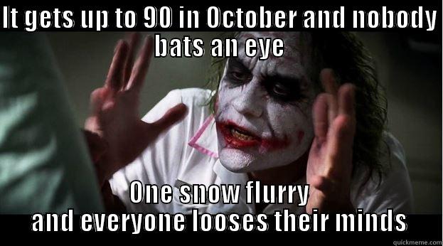 IT GETS UP TO 90 IN OCTOBER AND NOBODY BATS AN EYE ONE SNOW FLURRY AND EVERYONE LOOSES THEIR MINDS Joker Mind Loss