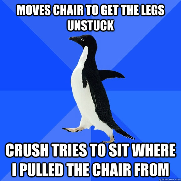Moves chair to get the legs unstuck Crush tries to sit where I pulled the chair from  Socially Awkward Penguin
