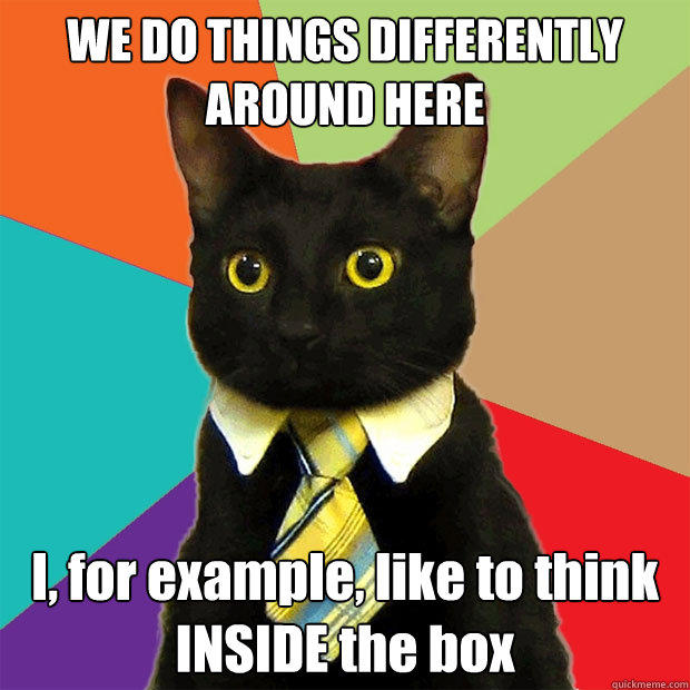 WE DO THINGS DIFFERENTLY AROUND HERE I, for example, like to think INSIDE the box - WE DO THINGS DIFFERENTLY AROUND HERE I, for example, like to think INSIDE the box  Business Cat