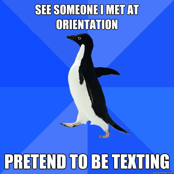 See someone I met at orientation Pretend to be texting  Socially Awkward Penguin
