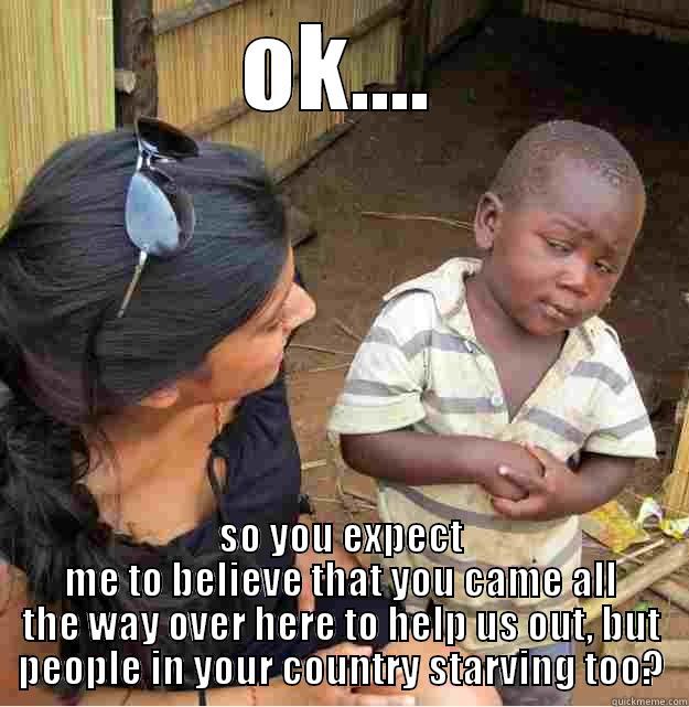 OK.... SO YOU EXPECT ME TO BELIEVE THAT YOU CAME ALL THE WAY OVER HERE TO HELP US OUT, BUT PEOPLE IN YOUR COUNTRY STARVING TOO? Skeptical Third World Kid