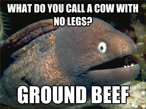 What do you call a cow with no legs? Ground beef - What do you call a cow with no legs? Ground beef  Bad Joke Eel