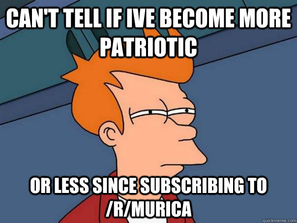 can't tell if ive become more patriotic or less since subscribing to /r/murica  Futurama Fry