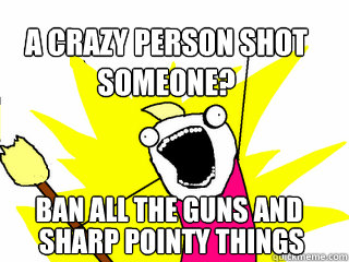 A crazy person shot someone? ban all the guns and  sharp pointy things  All The Things
