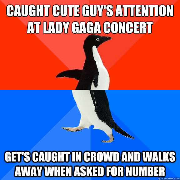 Caught cute guy's attention at Lady Gaga concert get's caught in crowd and walks away when asked for number  Socially Awesome Awkward Penguin