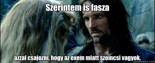 Szerintem is fasza azzal csajozni, hogy az exem miatt szomcsi vagyok.  Aragorn
