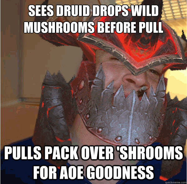 Sees druid drops wild mushrooms before pull pulls pack over 'shrooms for aoe goodness  Good Guy Tank