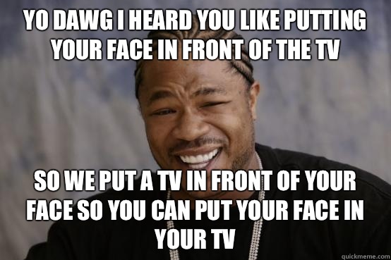 YO DAWG I HEARD YOU LIKE putting your face in front of the TV so we put a TV in front of your face so you can put your face in your TV  YO DAWG