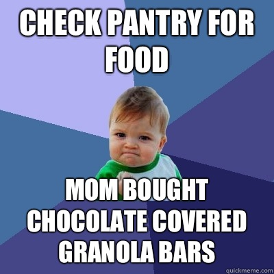 Check pantry for food Mom bought chocolate covered granola bars  Success Kid
