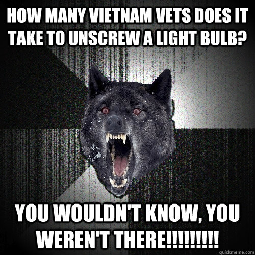 HOW MANY VIETNAM VETS DOES IT TAKE TO UNSCREW A LIGHT BULB? YOU WOULDN'T KNOW, YOU WEREN'T THERE!!!!!!!!!  Insanity Wolf