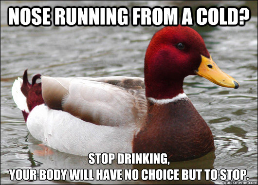 Nose running from a cold? Stop drinking,
your body will have no choice but to stop.  Malicious Advice Mallard