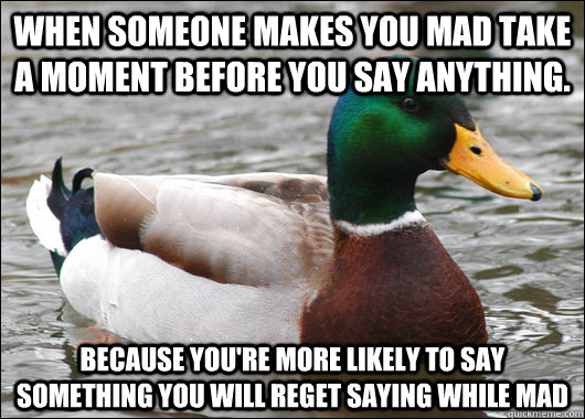 When someone makes you mad take a moment before you say anything. Because you're more likely to say something you will reget saying while mad  Actual Advice Mallard