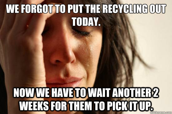 we forgot to put the recycling out today. Now we have to wait another 2 weeks for them to pick it up.  First World Problems