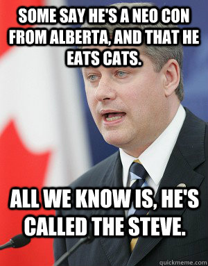 Some say he's a neo con from alberta, and that he eats cats. All we know is, he's called the Steve.  Stephen Harper