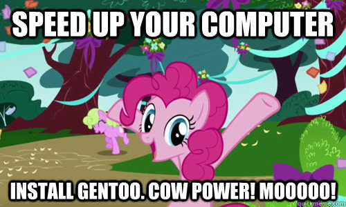 SPEED UP YOUR COMPUTER INSTALL GENTOO. COW POWER! MOOOOO!  Pinkie Pie