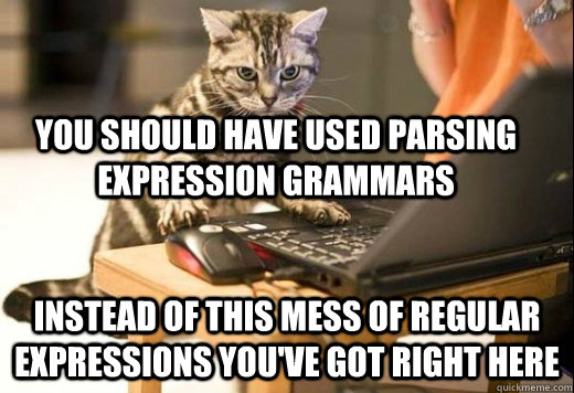 You should have used parsing expression grammars instead of this mess of regular expressions you've got right here - You should have used parsing expression grammars instead of this mess of regular expressions you've got right here  Angry Computer Cat