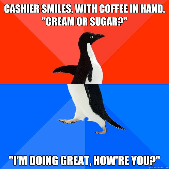 Cashier smiles, with coffee in hand. 