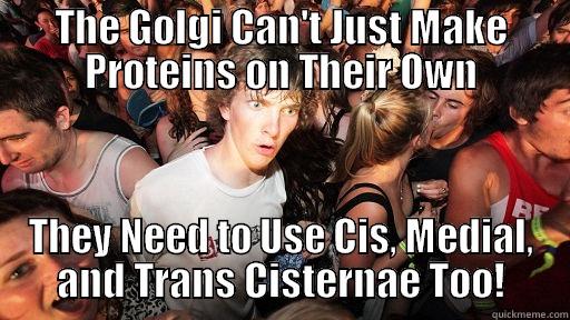 THE GOLGI CAN'T JUST MAKE PROTEINS ON THEIR OWN THEY NEED TO USE CIS, MEDIAL, AND TRANS CISTERNAE TOO! Sudden Clarity Clarence
