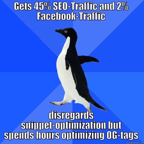 GETS 45% SEO-TRAFFIC AND 2% FACEBOOK-TRAFFIC DISREGARDS SNIPPET-OPTIMIZATION BUT SPENDS HOURS OPTIMIZING OG-TAGS Socially Awkward Penguin