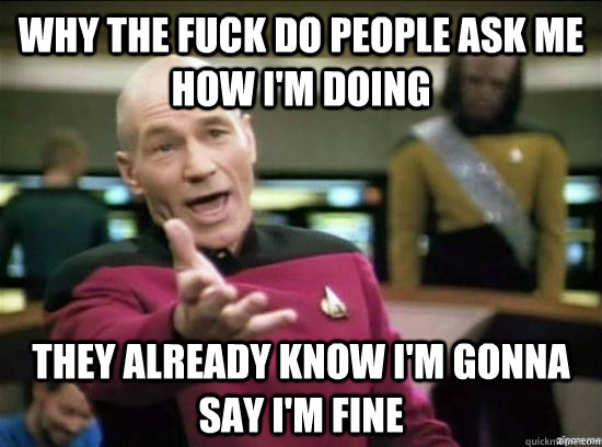 Why the fuck do people ask me how I'm doing They already know I'm gonna say I'm fine  Annoyed Picard HD