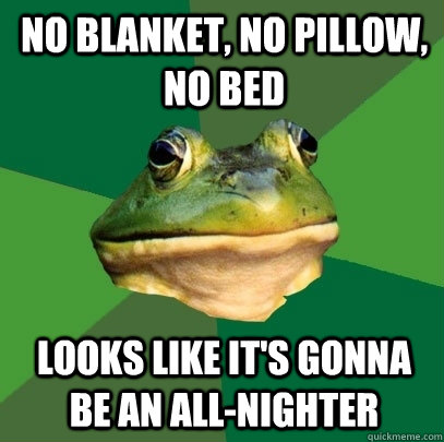 No blanket, no pillow, no bed Looks like it's gonna be an all-nighter  Foul Bachelor Frog
