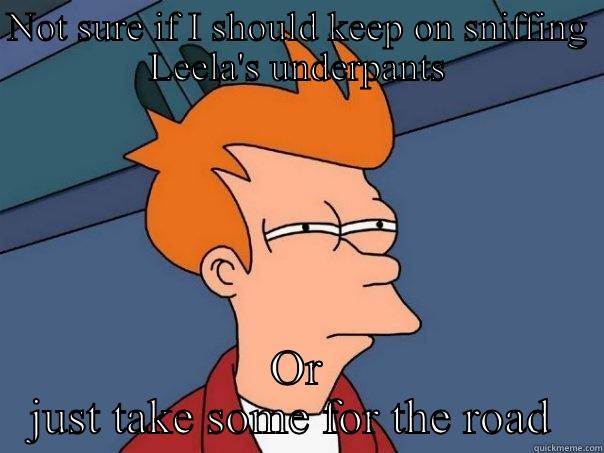 NOT SURE IF I SHOULD KEEP ON SNIFFING LEELA'S UNDERPANTS OR JUST TAKE SOME FOR THE ROAD  Futurama Fry