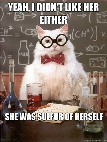 YEAH, I DIDN'T LIKE HER EITHER SHE WAS SULFUR OF HERSELF  Chemistry Cat