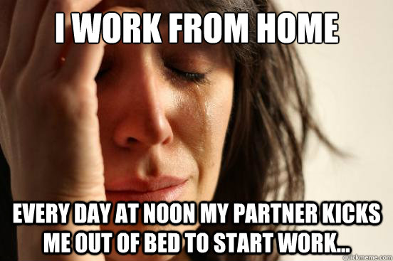I work from home Every day at noon my partner kicks me out of bed to start work...  First World Problems