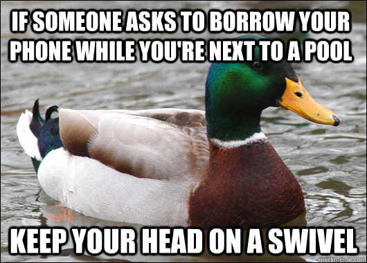 If someone asks to borrow your phone while you're next to a pool keep your head on a swivel   Actual Advice Mallard