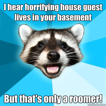 I hear horrifying house guest lives in your basement But that's only a roomer!  Lame Pun Coon