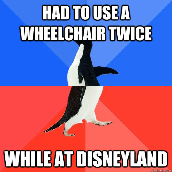 Had to use a wheelchair twice while at disneyland  Socially Awkward Awesome Penguin