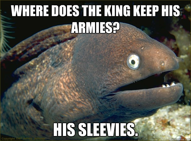 Where does the king keep his armies? His sleevies. - Where does the king keep his armies? His sleevies.  Bad Joke Eel