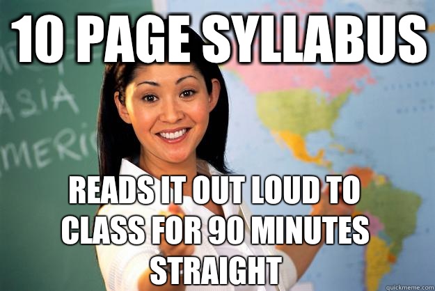 10 page syllabus Reads it out loud to class for 90 minutes straight  Unhelpful High School Teacher