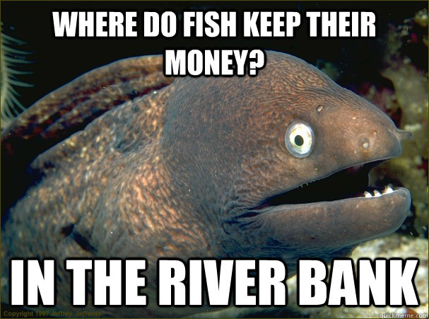 Where do fish keep their money? In the River bank - Where do fish keep their money? In the River bank  Bad Joke Eel