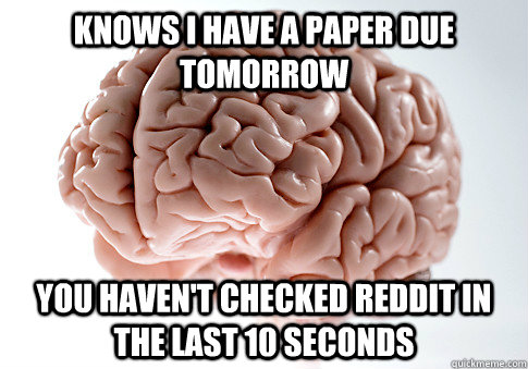 Knows I have a paper due tomorrow you haven't checked reddit in the last 10 seconds   Scumbag Brain