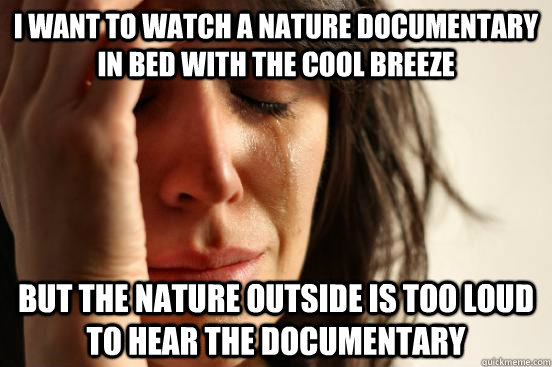 I want to watch a nature documentary in bed with the cool breeze but the nature outside is too loud to hear the documentary  First World Problems